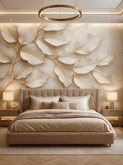 This serene bedroom features a 3D wallpaper with large, embossed white leaves on a marble-textured background. The design adds a calm and natural elegance to the space.
