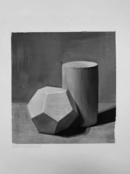 A practice piece using poster color to study tonal values on geometric objects, showing that the principles of light and form apply across different mediums.