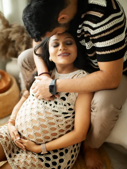A variation of the embrace, this pose captures a serene and loving moment. I always focus on making sure both partners feel comfortable and connected.