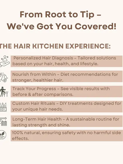 This graphic outlines The Hair Kitchen experience, from root to tip. It details my process, which includes personalized diagnosis, diet recommendations, progress tracking, and custom hair rituals for long-term health.