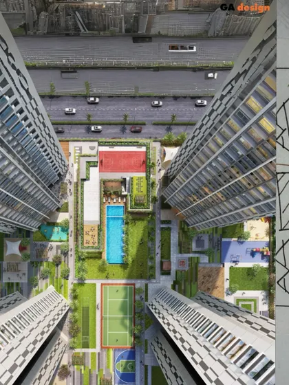 An aerial rendering provides a clear view of the master plan for a residential development. This top-down perspective shows how we strategically place towers, pools, and sports courts to create a functional and livable community.