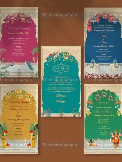 For the couple who loves rich and elegant designs, this set of PDF invites is perfect. Each card for the different wedding events uses a vibrant color like teal, magenta, and mustard, all framed by a classic Indian arch design.
