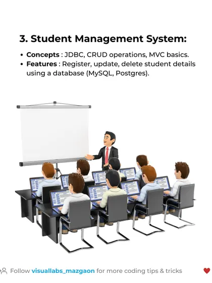 Java project idea 3: a Student Management System. This project focuses on JDBC and CRUD operations to register, update, and delete student details from a database.