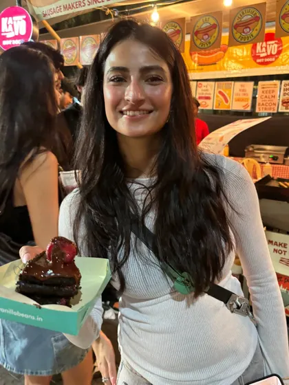Even celebrities love our cakes. Here's Palak Tiwari enjoying our bestseller, the Nutella Strawberry cake, at The Lil Flea.