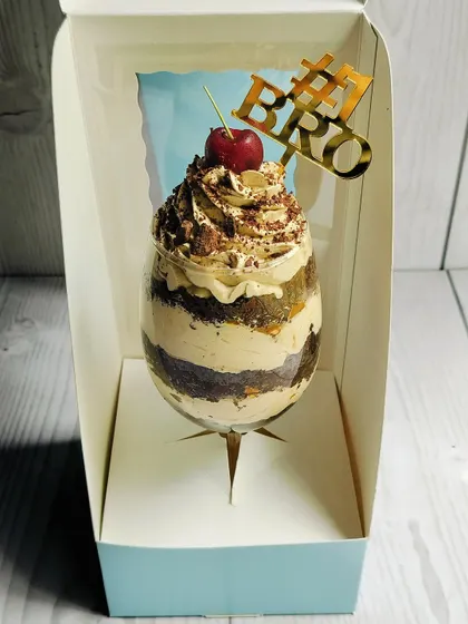 A straight-on view of the boxed Mocha Mirage Delight, emphasizing its unique and modern presentation.