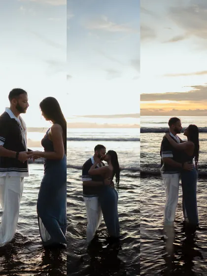 A collage showcasing different moments from a sunset beach shoot in Phuket. It captures the changing light and the couple's evolving interaction, from standing in the waves to a romantic embrace.