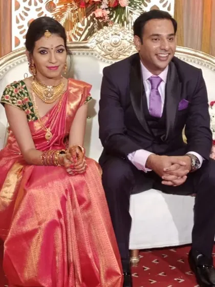 Mr. Aswin and Mrs. Chaithra Aswin at their reception. Every couple I match is a testament to my hands-on, community-based approach.