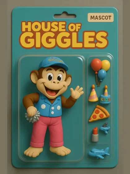 The official Mr. Giggles mascot toy! This fun image shows our hero packaged with all his favorite things: balloons, pizza, and party hats.