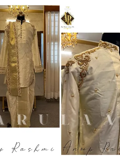 Another look at a custom silk 'Muhurtam' outfit. This one features detailed gold embroidery on the shoulders and collar, paired with a traditional silk dhoti and shawl.