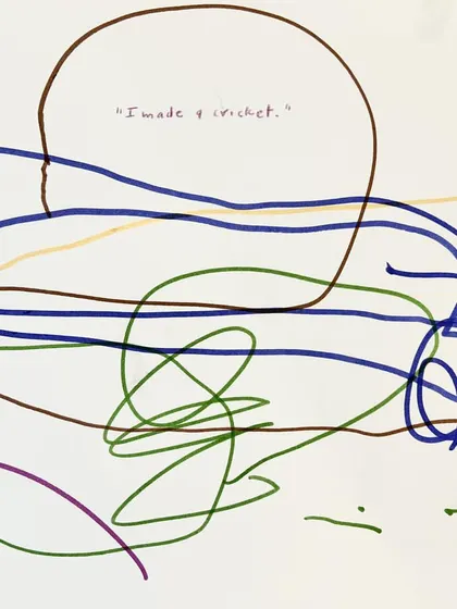 These images showcase the beauty of "mark-making," the first stage of writing. What looks like scribbles to an adult is a child's exploration of lines, shapes, and the stories they can tell, complete with their own dictated captions.
