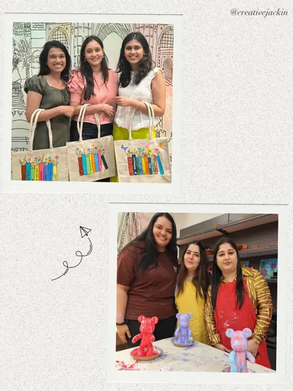 Photos of students with their finished craft projects, including painted tote bags and colorful resin bears, showing the variety of workshops I offer.