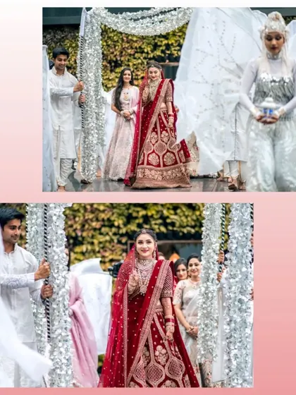 The bride's elegant entrance, walking down the aisle under a beautiful floral canopy held by her family.