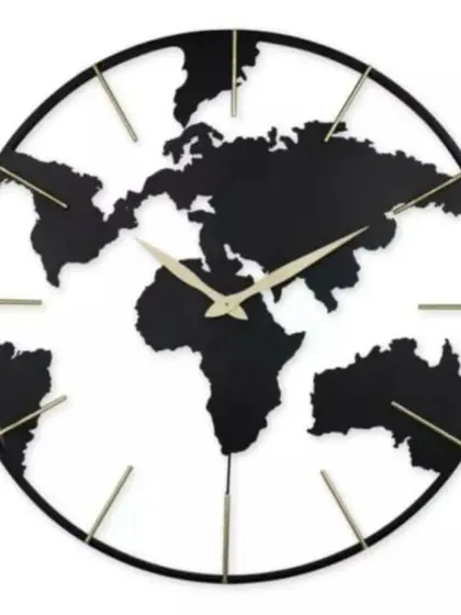 For the globetrotter, this artistic wall clock features a world map design within a circular frame. The black topographical silhouette with gold hands is a sophisticated way to express a love for travel.
