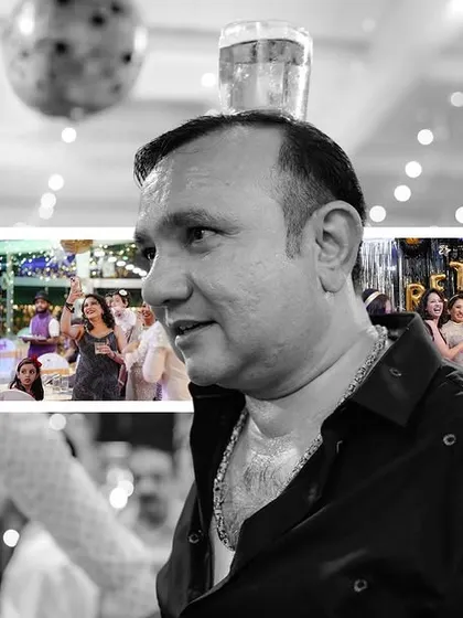 A black and white collage capturing various candid moments from the party, giving it a classic, film-like feel.