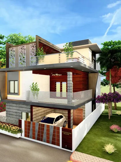 An elevation design that combines natural elements like stone and wood with modern jali screens on the terrace for a balanced aesthetic.