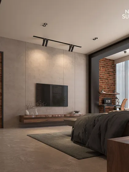 This industrial-style bedroom features a floating wooden console and a concrete-paneled wall for the television. The design prioritizes clean lines and an uncluttered feel, with track lighting adding a modern, functional touch.