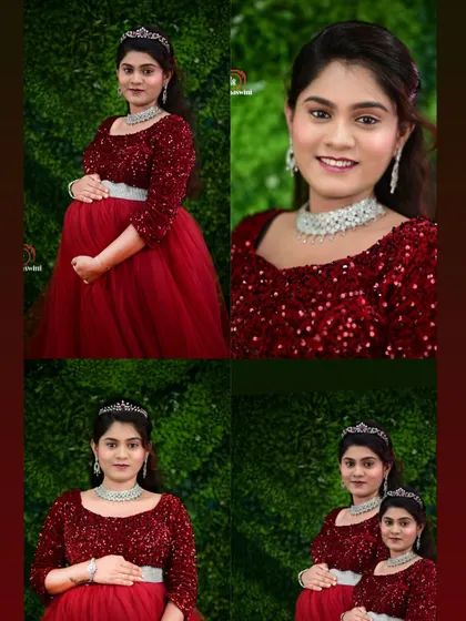 A collage showing different angles of our beautiful red sequin maternity gown, a popular rental for making you feel like a queen.