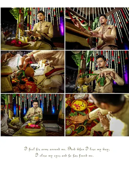 A collage dedicated to the groom's participation in the wedding pooja and rituals.
