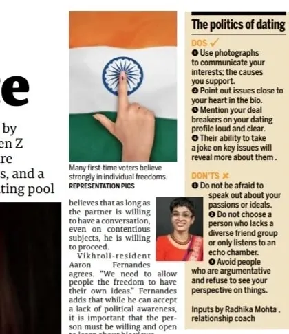 My list of 'Dos and Don'ts' for the politics of dating, as published in Mid-Day. I advise using your profile to communicate your interests and causes, and to avoid people who refuse to see your perspective.