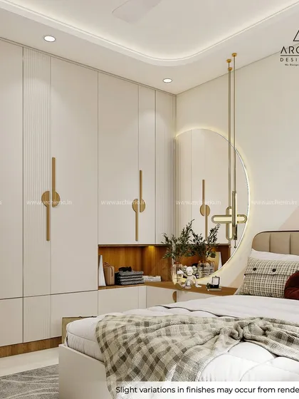 This view highlights the sleek, handleless wardrobe with integrated shelving. The design is clean and clutter-free, perfect for a modern, minimal aesthetic.
