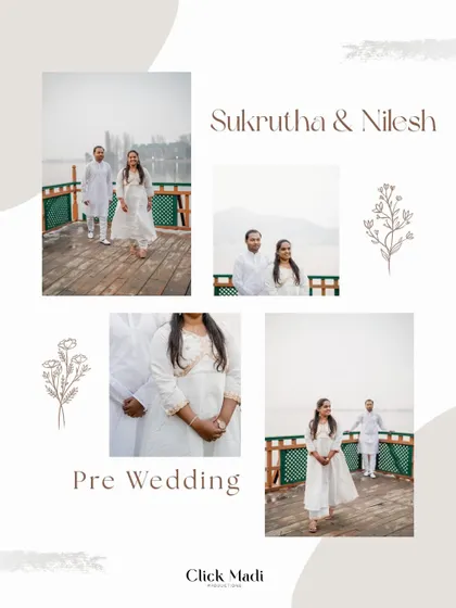A styled pre-wedding collage of Sukrutha and Nilesh in Kashmir, highlighting their elegant white outfits against the serene backdrop of the lake and wooden docks.