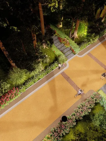 A night-time render of the Sakleshpur road. This visualization was crucial for planning the placement and effect of landscape lighting, ensuring the pathways are safe and atmospheric after dark.