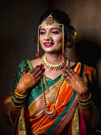 A beautiful bridal portrait focusing on the traditional Maharashtrian jewelry, including the distinctive Nath and Mundavalya, along with the intricate mehndi design.