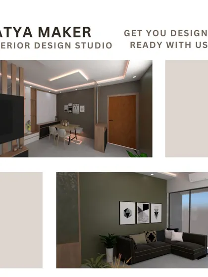 A collage of 3D design concepts for a living room.