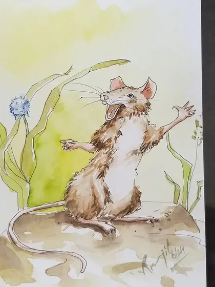 This is a duplicate image of the cheerful mouse illustration. It showcases the final result of combining fine pen details with soft watercolor backgrounds.