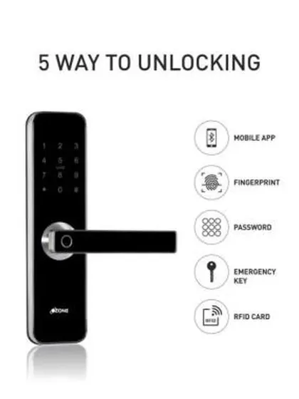 The Morphy BT M smart lock offers five ways to unlock. This infographic shows the options: mobile app, fingerprint, password, emergency key, and RFID card.