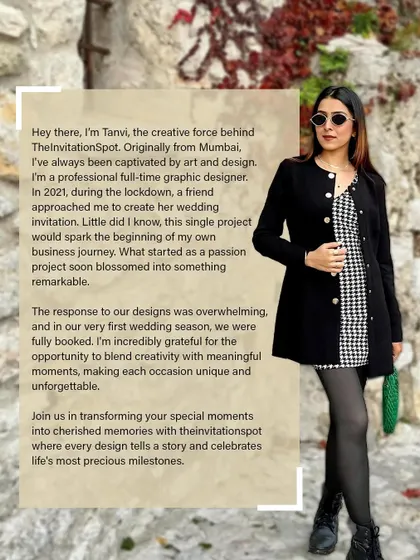 Here's a little about my journey. I'm Tanvi, a graphic designer from Mumbai who turned a passion project during lockdown into a full-time business, creating unique designs that tell a story and celebrate life's milestones.