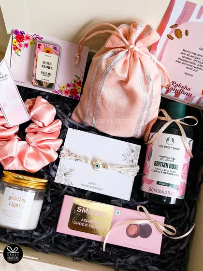 The complete 'Bandhu' hamper, a perfect mix of self-care, sweets, and sentiment for your sister on Raksha Bandhan.