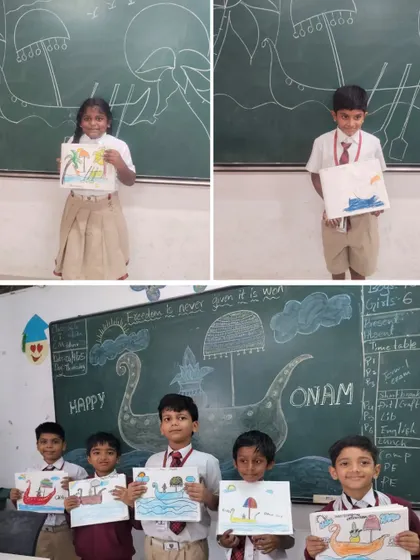 Students proudly display their Onam-themed drawings in the classroom, learning about the cultural significance of the festival through art.