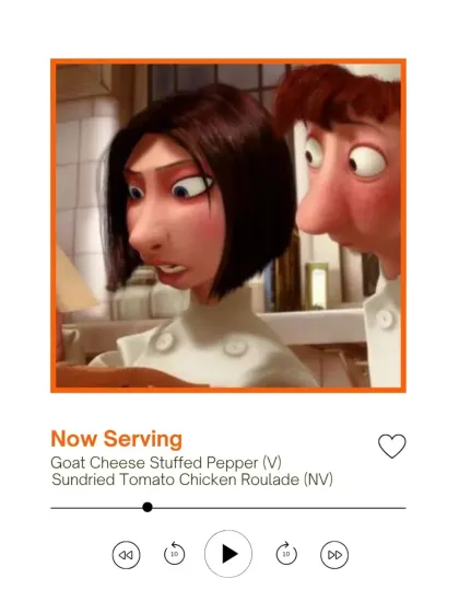 A course inspired by the dynamic in Gusteau's kitchen. This graphic shows the Goat Cheese Stuffed Pepper being served, a sophisticated dish reflecting the high stakes of Parisian fine dining.