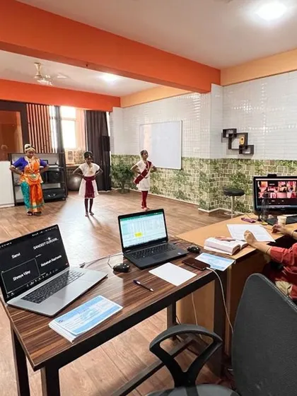 The hybrid classroom in action, showing the technology we use to connect with our students around the world.