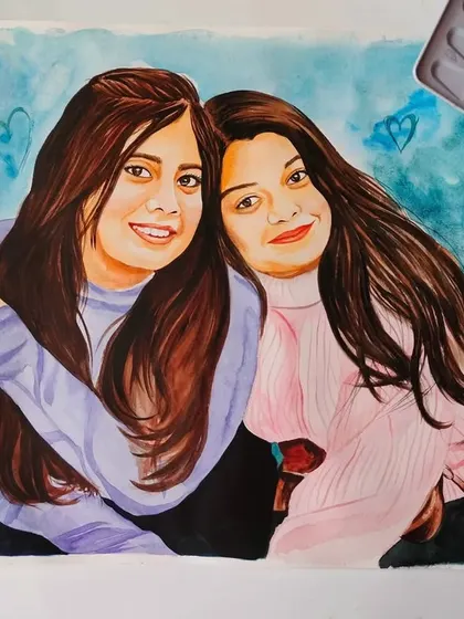 A sweet rendering of two sisters, painted with watercolors on a 16x12 inch paper. A perfect gift to celebrate sisterhood.