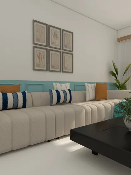 A comfortable, modern lounger sofa is the centerpiece of this living room. The blue and white striped cushions tie in with the wall color, creating a cohesive coastal-inspired vibe.
