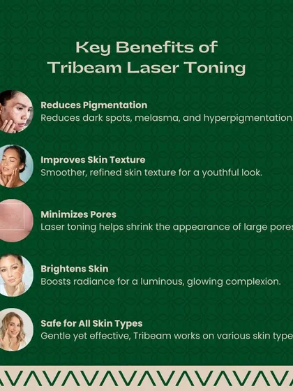 Here are the key benefits of Tribeam Laser Toning. The treatment effectively reduces pigmentation, improves skin texture, minimizes pores, and brightens the overall complexion. It is a safe and gentle option suitable for various skin types.