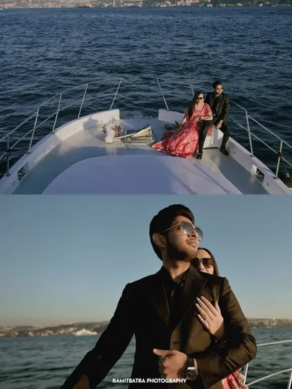 A collage of the couple enjoying a private yacht ride on the Bosphorus in Turkey.
