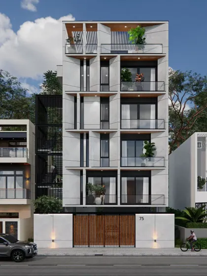 The full facade of the 9000 sq ft apartment residence, showcasing a rhythmic pattern of balconies and windows that provide each unit with light, air, and a connection to the outside.