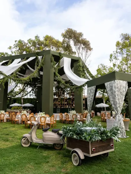 For this elegant 50th anniversary, I created a sophisticated green and white haven. This wide view shows the custom-built structures, flowing drapes, and relaxed seating areas that transformed a simple lawn into a luxurious outdoor venue.