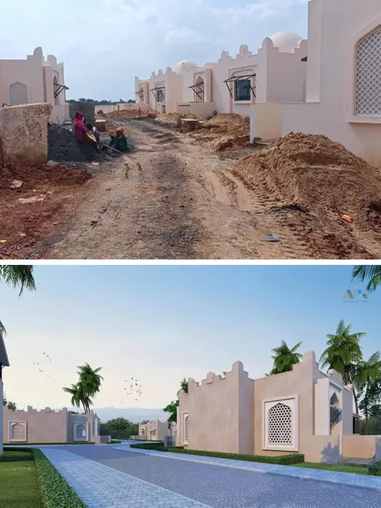 A comparison of the under-construction resort villas and the final render. This shows the architectural vision for the quaint, culturally-inspired structures becoming a reality.