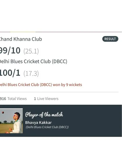 A scorecard showing a decisive 9-wicket victory for Delhi Blues Cricket Club, demonstrating consistent dominance in the DDCA league.