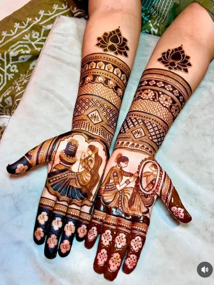 A design that blends devotion and romance. One hand depicts a bride worshipping a Shivling, while the other shows her getting ready, showcasing different parts of her personal journey.