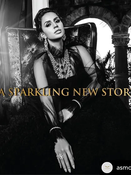 A dramatic black and white image for A S Motiwala's "Poetry of Polki" collection. This shot creates a mood of timeless elegance and high fashion.
