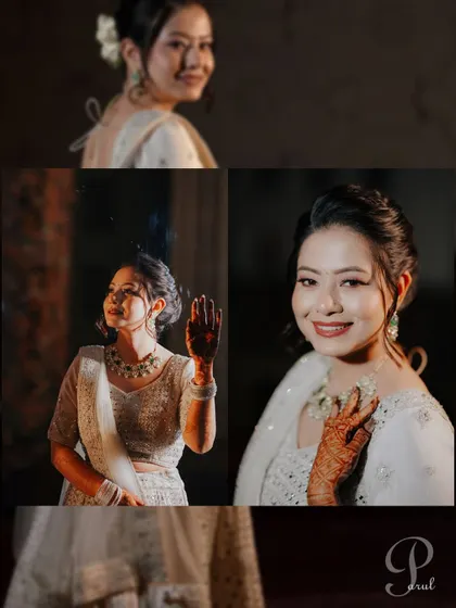 A collage of the bride's portraits from her engagement night. Her white lehenga and happy smiles are beautifully captured.