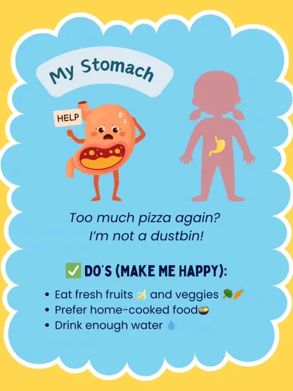My Stomach says: "Too much pizza again? I'm not a dustbin!" This graphic reminds us to nourish our bodies with fresh fruits, vegetables, and home-cooked food to keep our stomachs happy.
