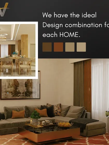 We believe there is an ideal design combination for every home. This living room uses a warm, earthy color palette with a comfortable sectional sofa, layered rugs, and a mix of sheer and heavy curtains to create a cozy and inviting atmosphere.