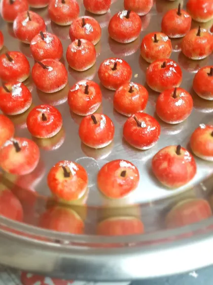 A tray of freshly made Kaju Apples, ready to be packed. I use high quality cashews and just a hint of clove to create these beautiful and delicious sweets that are a highlight of any festive box.
