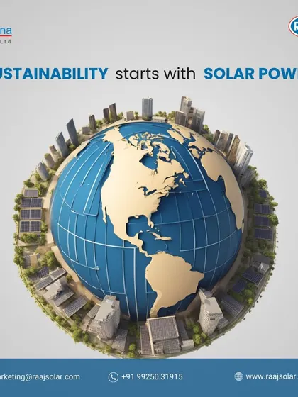 Sustainability starts with solar power. This image of the Earth covered in solar panels and green cities illustrates our vision for a world powered by clean, renewable energy.